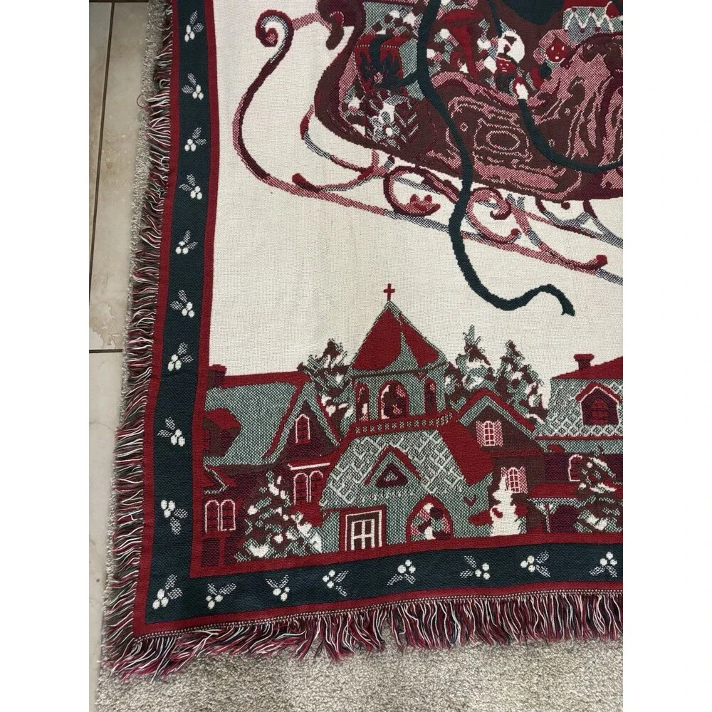 Vintage 90s Christmas Woven Tapestry Throw Blanket Santa Sleigh Reindeer 48x66